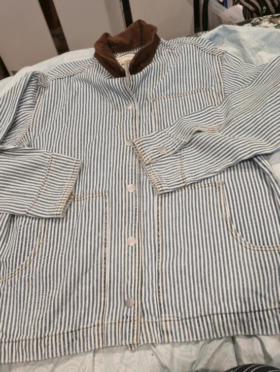 New Striped Blue Workwear Jacket with Brown Corduroy Collar - Picture 2 of 3
